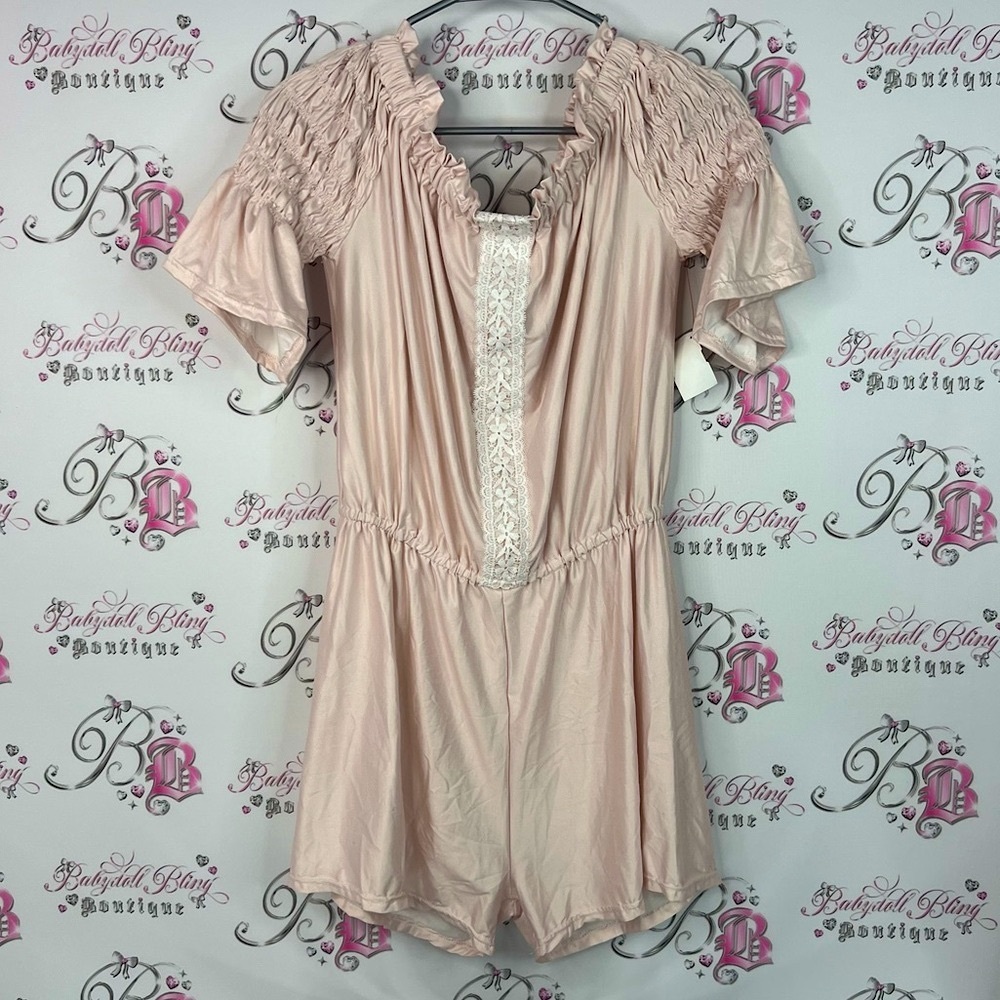 Krysse kouture romper one piece shorts Elegant Pink Lace-Trimmed Romper new